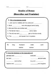 english worksheets gender of nouns