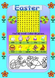 Easter wordsearch and colouring (B/W version included)