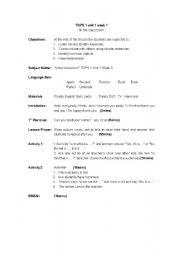 English Worksheet: TOPS 1 Lesson plan for unit 1 week 1