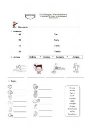 English Worksheet: TEST FRUITS, ACTIONS NUMBERS