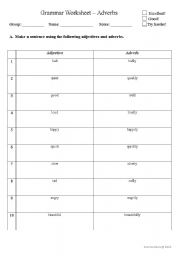 English worksheet: Sentence making practice with adjectives and adverbs