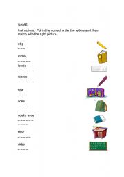 English worksheet: school items