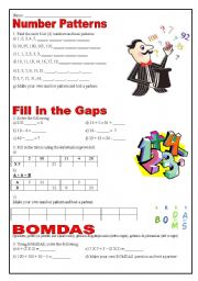 English Worksheet: Number patterns, fill in the gaps, bomdas
