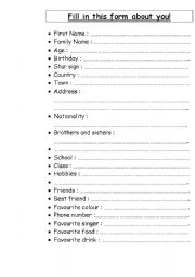 English worksheet: Fill in this form about you!
