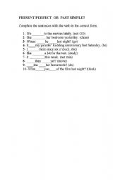 English worksheet: present  perfect or simple past