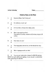 English worksheet: Ordering pizza on the phone