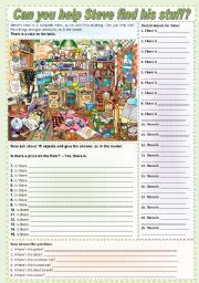 English Worksheet: Can you help Steve find his stuff? (there is + prepositions + to be) ***fully editable