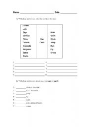 English worksheet: Animals can/cant