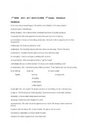English worksheet: Vocabulary for 7th grades/present simple vs. present cont.