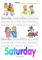 Days of the Week: Saturday and Everyday (3 worksheets, color and B & W plus word search key)