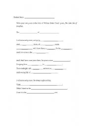 English worksheet: The Lake Isle of Innisfree, Student Poem form