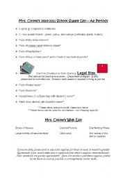 English worksheet: Sixth Grade School Supplies List