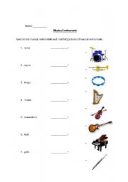 English Worksheet: Musical Instruments and Time Word Scramble and Matching Worksheet