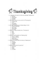 English Worksheet: thanksgiving quiz