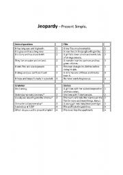 English worksheet: Jeopardy - mixed questions and present simple