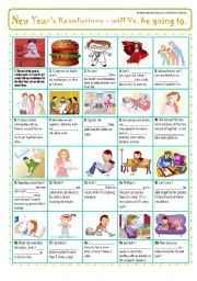 English Worksheet: NEW YEARS RESOLUTIONS - PiCtUrE sToRY for practicing 