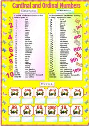 Cardinal and Ordinal Numbers - 2 pages of activity (with B/W and answer key) ** editable