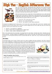 The English afternoon tea - text + reading comprehension Q, multiple choice and personal Q [2 pages] ***editable