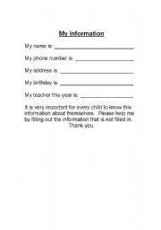 English worksheet: My Information Worksheet