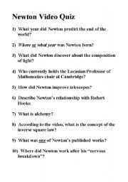 English worksheet: Newtons Dark Secrets Vidoe Quiz (NOVA)