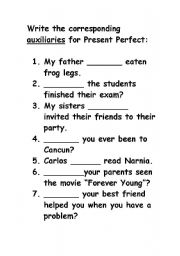 English worksheet: Practice of auxiliaries for Present Perfect