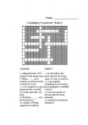 English worksheet: Grade 8 vocab crossword