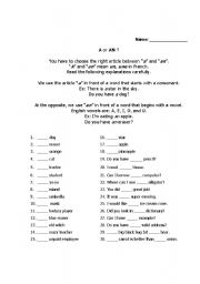 English Worksheet: A VS An