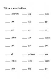 English Worksheet: a and an