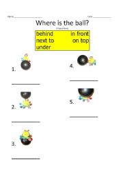 English Worksheet: Prepositions: Where is the ball?