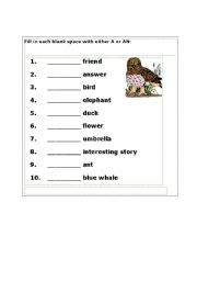 English worksheet: use of a or an