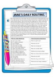 English Worksheet: JANES DAILY ROUTINE. READING COMPREHENSION.