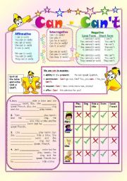 English Worksheet: CAN - CANT -  Key included - editable