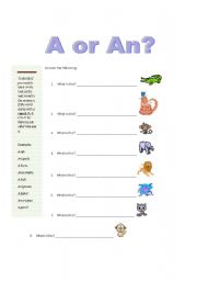 English Worksheet: A or An