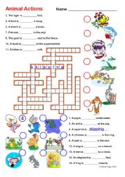 English Worksheet: Animal Actions 1 and 2: Crossword and Word Search with keys