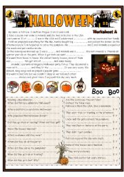 Halloween  Reading ( focus on past simple tense) including worksheets A and B