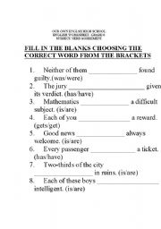 English worksheet: subject verb concord