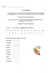 English Worksheet: A or An