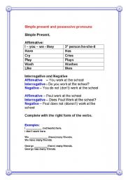 English worksheet: Simple present and Possessive pronouns