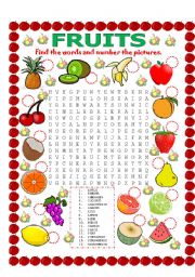 English Worksheet: WORD SEARCH (FRUITS) AND NUMBER THE PICTURES