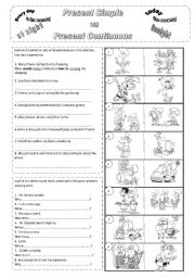 English Worksheet: Present Simple vs Present Continuous Practice B/W