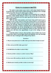 English Worksheet: Reading Comprehension  Going to college in the USA