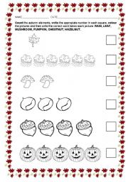 English Worksheet: NUMBERS 1-6. COUNTING AND WRITING MY AUTUMN VOCABULARY. 