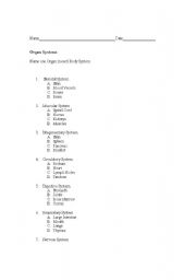 English worksheet: Organ Systems Test