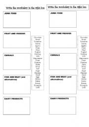 English worksheet: Food, write in the right box