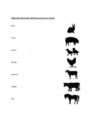 English Worksheet: match the farm animal silouette