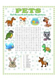 English Worksheet: WORD SEARCH (PETS) AND NUMBER THE PICTURES