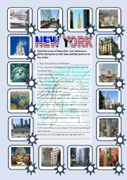 New York sights - pictionary, matching and fill-in exercise (editable, with key)