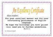 English worksheet: an excellency certificate