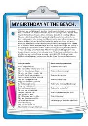 English Worksheet: My birthday at the beach. Reading comprehension.
