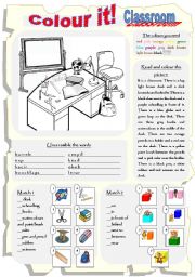 English Worksheet: Colour it! Classroom & prepositions of place